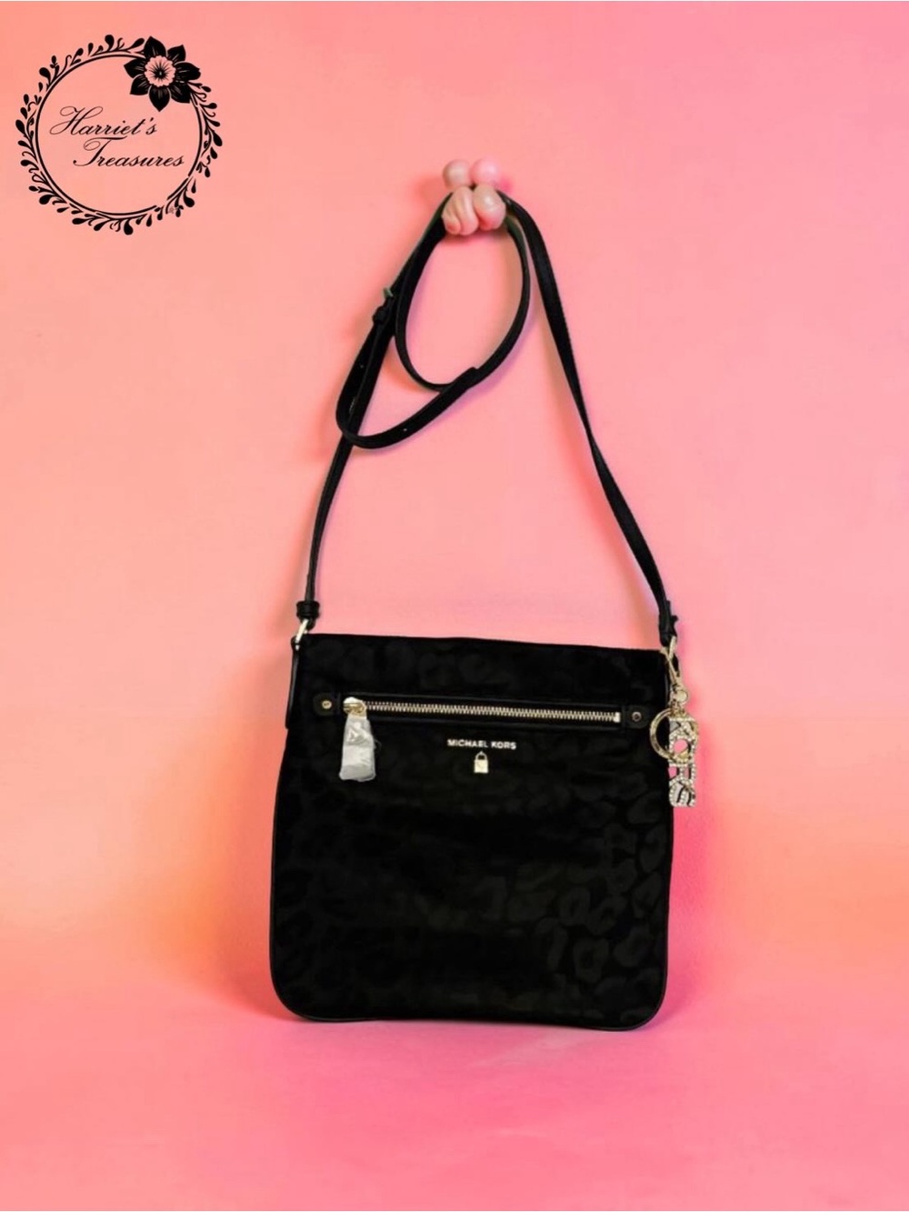 Michael Kors Black Leopard Crossbody Bag with Gold Hardware and Charm
